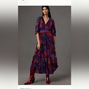 NWT FARM Rio Short Sleeved V-Neck Tiered Ruffled Midi Dress Women’s XS